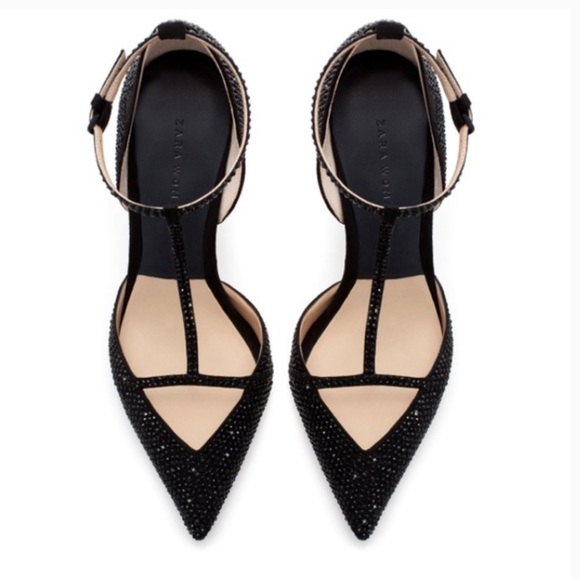 Zara Shoes - Zara T Strap Black Rhinestone heels size 40